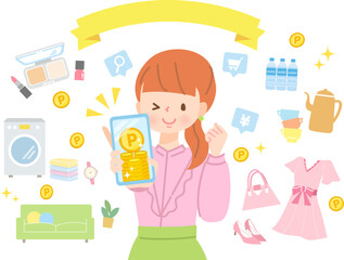 スマホでポイ活する若い女性のイメージイラスト素材