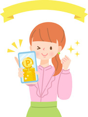 スマホでポイ活する笑顔の女性のイラスト素材