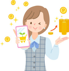 スマホでポイ活する笑顔の女性のイラスト素材