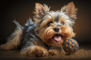 Cute and happy Yorkshire Terrier, yorkie, with a ball 