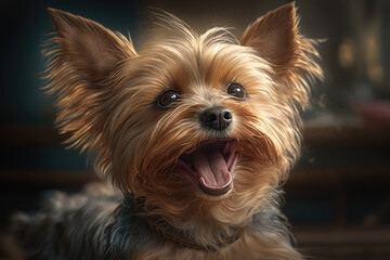 Cute and happy Yorkshire Terrier, yorkie, with mouth open, smiling