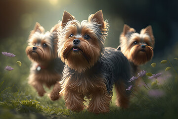 Three cute Yorkshire Terriers, yorkies, in the park running  - obrazy, fototapety, plakaty
