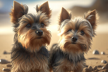 Two cute Yorkshire Terriers, yorkies, on the beach, lying on the sand 