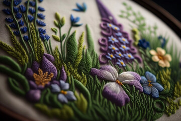 Obraz na płótnie Canvas Spring Embroidery Macro, Close Up Flowers Leaves and Trees Generative AI