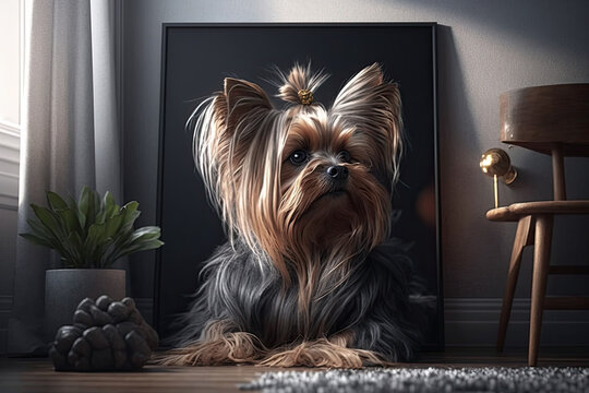 A painting of a cute Yorkshire Terrier, yorkie, in a livingroom.
