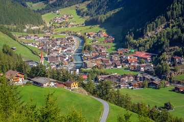 Fototapeta na wymiar Soelden resort village in Otztal alps at spring, Tyrol, Austria border with Italy