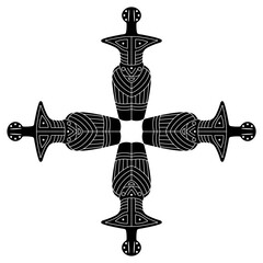Rectangular cross with four Neolithic female figurines of a goddess with geometrical ornament on body. Pagan idol from Cucuteni, Romania. Trypillia or Tripolye culture. Black and white silhouette.