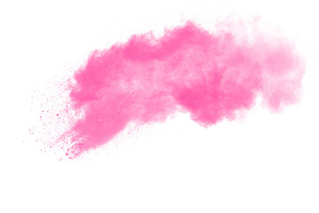 Pink dust particles splash on white background.Pink powder splash.