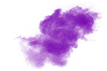 Purple particles explosion on white background.Freeze motion of purple dust splash on background.
