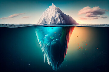 Obraz na płótnie Canvas Iceberg concept, underwater risk, dark hidden threat or danger concept. Generative AI