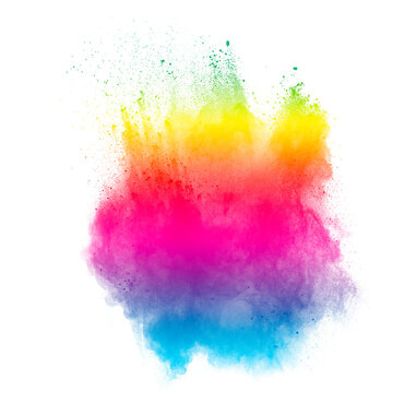 Explosion of colorful pigment powder on white background.Vibrant color dust particles textured background. © Pattadis