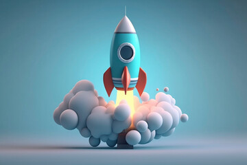 rocket launched with smoke over a blue background.Business startup concept. Generative ai.