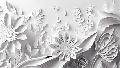 Fototapeta na wymiar Papercut of white floral concept. Floral banner, poster, flyer template. Generative ai.