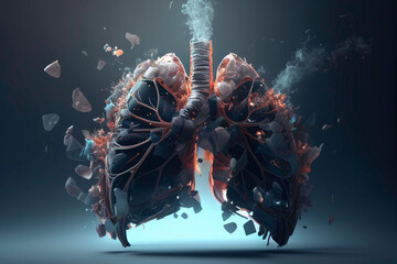 Concept of Lungs of a cigarette smoker against a dark background. Smoking cigarettes and using tobacco causes harm to human lungs. No smoking day. No tobacco day. Generative AI.