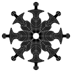 Round star shape mandala with Neolithic female figurines of goddess from Cucuteni, Romania. Trypillia or Tripolye culture. Black and white silhouette.
