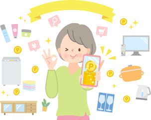 スマホでポイ活するシニア女性のイラスト素材
