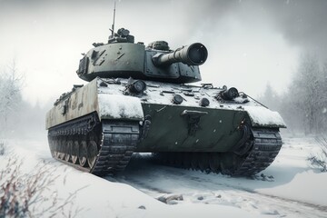 Military army tank ready to attack moving over on winter, tanks battle scene, generated ai