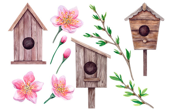 Wooden bird houses, birdhouses, pink flowers and branches with young leaves and buds. A hand-drawn spring watercolor set.