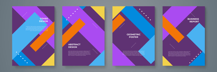 Business presentation vector A4 vertical orientation front page mock up set. Corporate report cover abstract geometric illustration design layout bundle. Company identity brochure template collection.