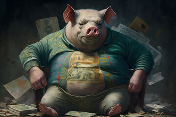 Filthy rich pig is fat and cashed up, lots of money in his pockets, greedy corporation manager, illustration, swine, portrait, close up, drawing, cartoon, satire - obrazy, fototapety, plakaty