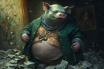 Filthy rich pig is fat and cashed up, lots of money in his pockets, greedy corporation manager, illustration, swine, portrait, close up, drawing, cartoon, satire