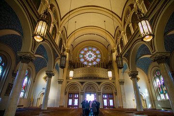Bronx, NY - USA - Feb 11, 2023 Interior of the Byzantine Revival-style St. Raymond's Church, a parish church in the Bronx. Designed by George H. Streeton in 1898 and dedicated to Raymond Nonnatus.
