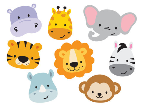 Cute baby safari animal faces vector illustration. The set includes a tiger, lion, elephant, giraffe, zebra, hippo, rhino, and monkey.
