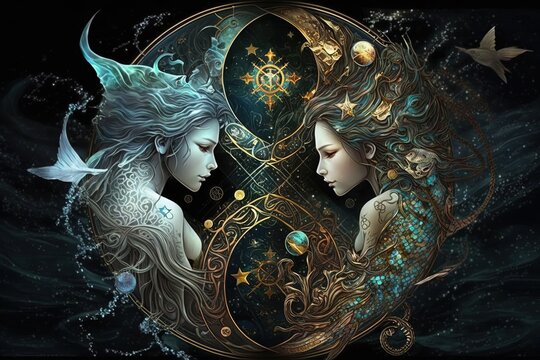 Backdrop of sacred zodiac Pisces symbols, astrology, alchemy, magic, sorcery and fortune telling. generative AI digital painting. Zodiac sign Pisces on the starry sky close up