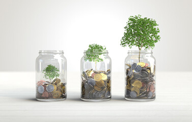 A tree grows on a coin in a glass jar, Money saving concept