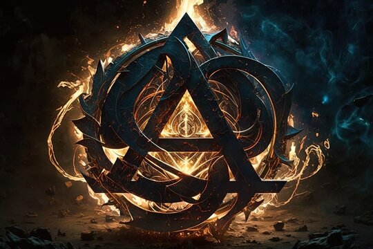 Generative AI arcane symbol with effect of fire and ice. Magic symbol, Asgard symbol. Runes and triangle symbol with gold and metal color.