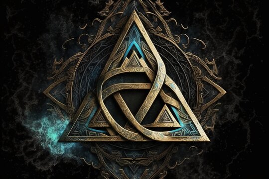 Generative AI arcane symbol with effect of fire and ice. Magic symbol, Asgard symbol. Runes and triangle symbol with gold and metal color.