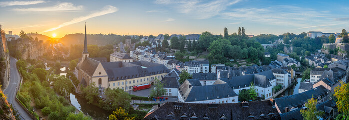 Grand Duchy of Luxembourg, sunrise panorama city skyline at Grund along Alzette river in the historical old town of Luxembourg