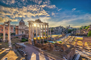 Fototapeta na wymiar Rome Italy, sunrise city skyline at Roman Forum and Rome Colosseum