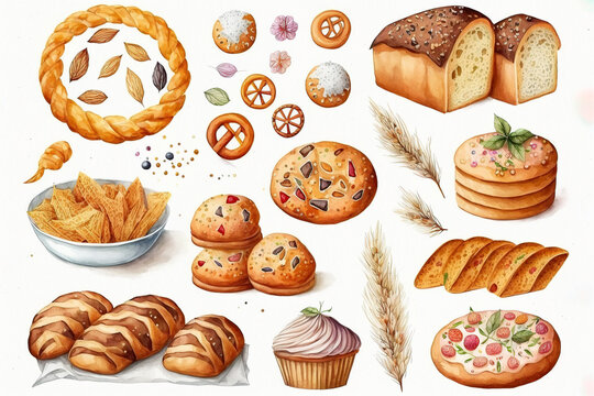 Vintage bakery set illustration background. Different types of pastry, fruits, bread. Watercolor design template on white background. Generative AI