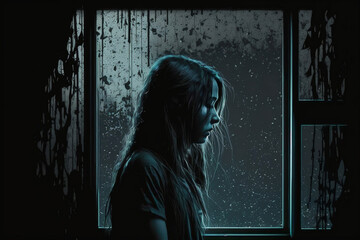 girl near the window in the dark room along and  crying wallpaper (AI generated)