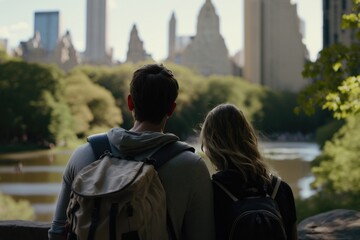 Couple hiking in Central Park, tourist in New York, generative ai