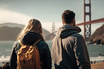 Hiking in California, couple looking the Golden Gate Bridge, generative ai