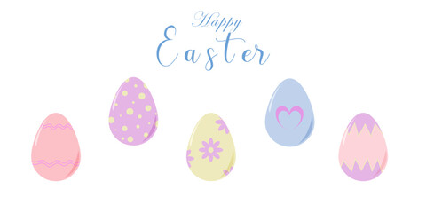 Christ is risen. Set of multi-colored eggs in pastel colors and the inscription Happy Easter. Vector illustration