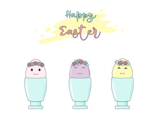 Christ is risen. Vector illustration of an egg in egg cups. Smiling painted eggs with different eyes.