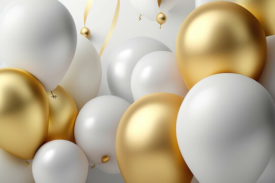 A 3D rendering of the festive concept is adorned with white and gold balloons on a bright background. AI-generated images