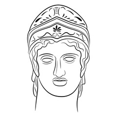 Head of ancient Greek god Ares or Mars. Handsome young antique man wearing helmet. Black and white linear silhouette.