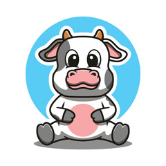 Cute cow mascot sitting on the ground vector cartoon illustration