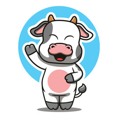 Naklejka premium Cute cow mascot waving cartoon vector illustration. Suitable for logos, stickers, t-shirts, web designs, advertisements and more