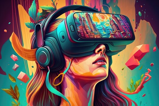 Woman with VR headset exploring the metaverse. Generative AI