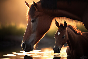 Mother and baby horses are drinking water in the river, image ai midjourney generated - obrazy, fototapety, plakaty