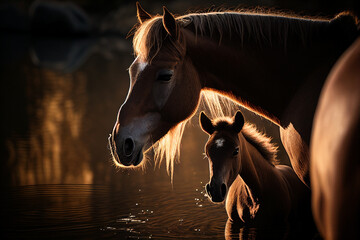 Mother and baby horses at the river, image ai midjourney generated