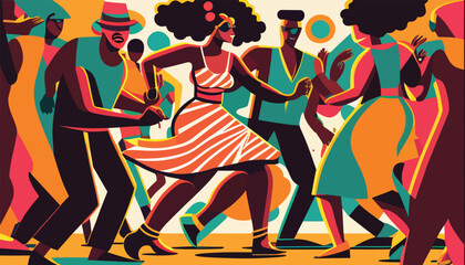 illustration of african american people dancing together in warm colors. Black history month image. - obrazy, fototapety, plakaty