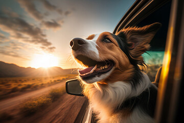 Fototapeta Happy dog on the car window summer vacation travel, image ai midjourney generated obraz