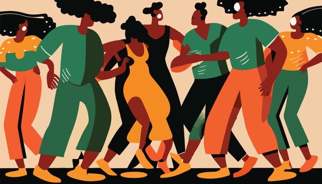 illustration of african american people dancing together in warm colors. Black history month image.