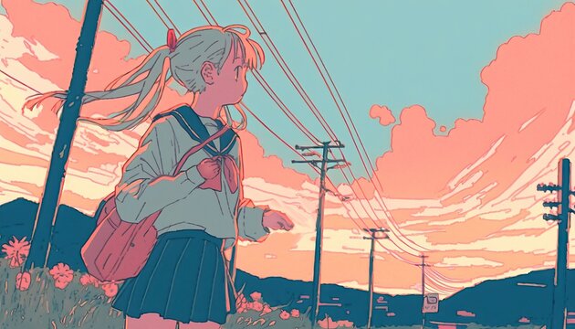 4K resolution or higher, Nostalgic feelings, retro, girl Poster, lofi flat color